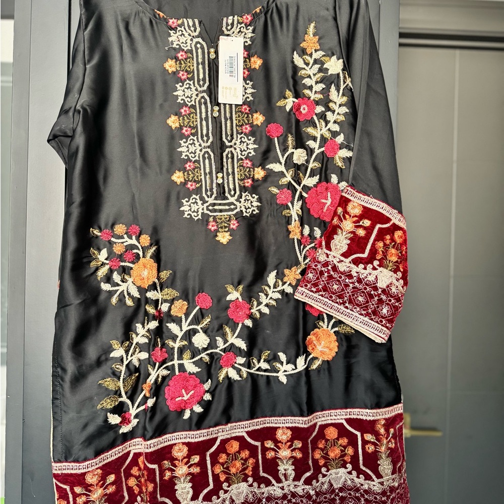 Elegant Indian Pakistani wear Beejays Black Tunic with Floral Embroidery